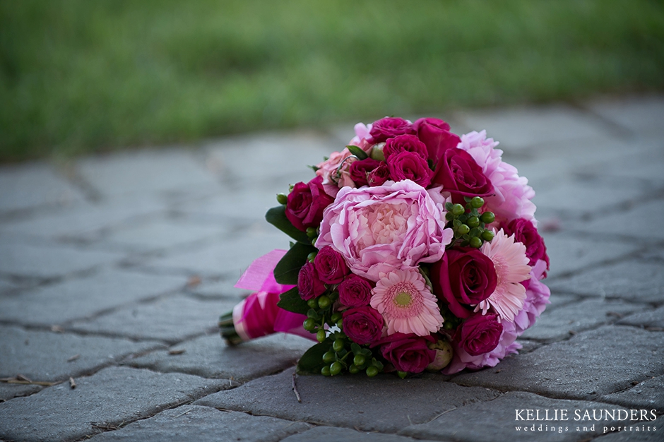 wedding bouquet with pink peonies and roses